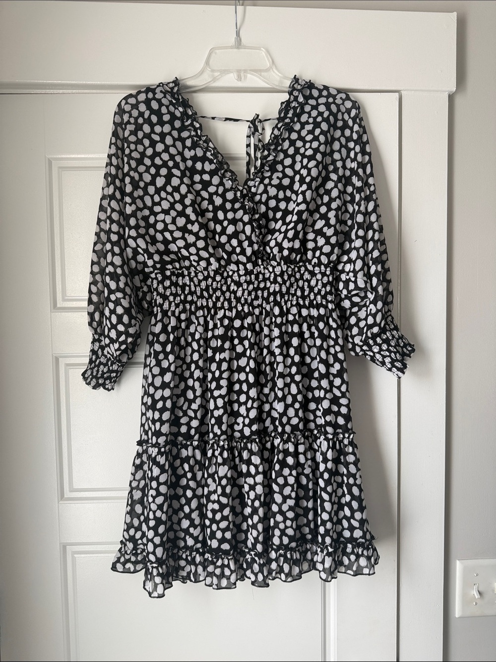 Cato Black and White Dot Smocked Waist Mini Dress